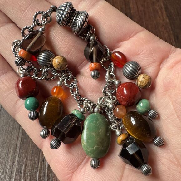 Vintage CAROLYN POLLACK Multi Gemstone Charm Bracelet Sterling Silver Turquoise - Picture 5 of 11